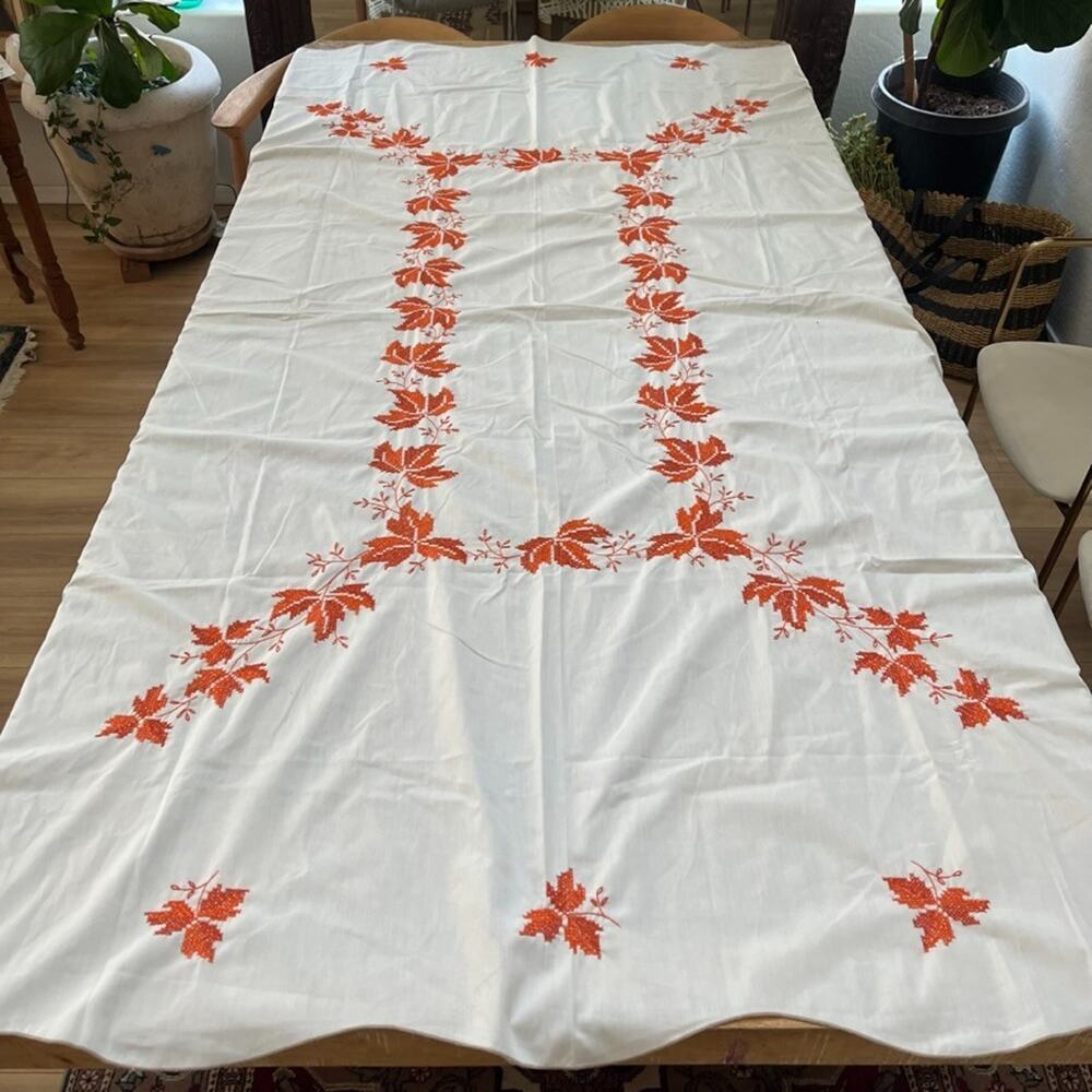 Vintage Tablecloth 57 in x 83 in Orange & Red Cross-Stitch Leaves Pattern